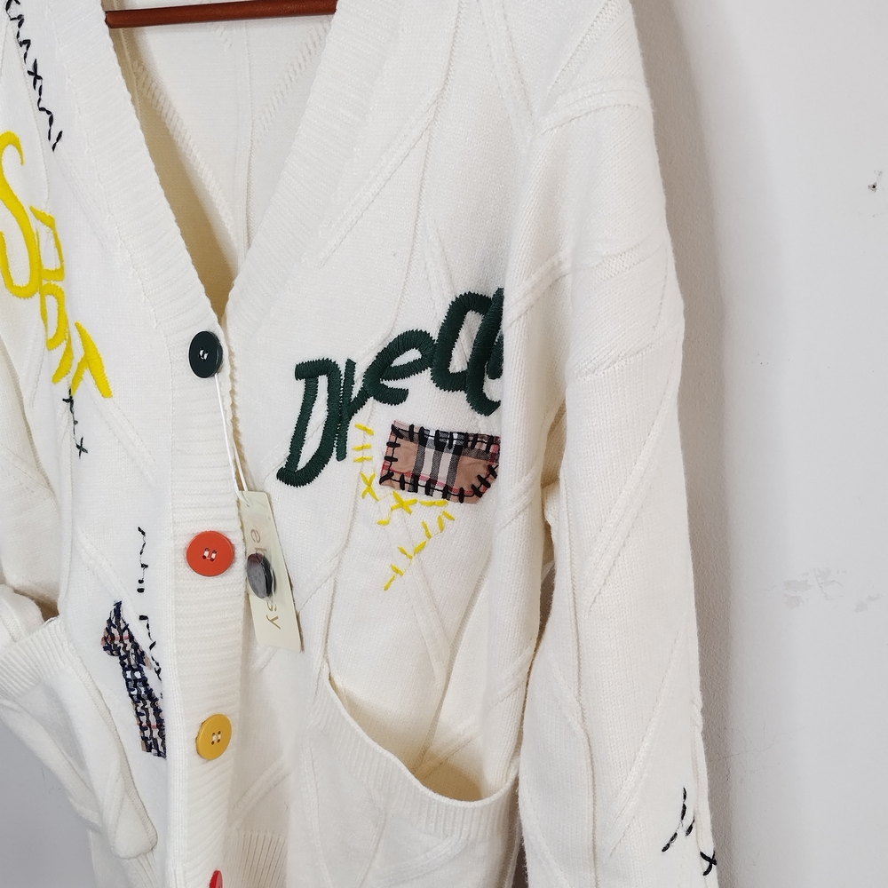 Dream Embroidered Patch Work Button Cream Cardigan Sweater S/M - Picture 4 of 12